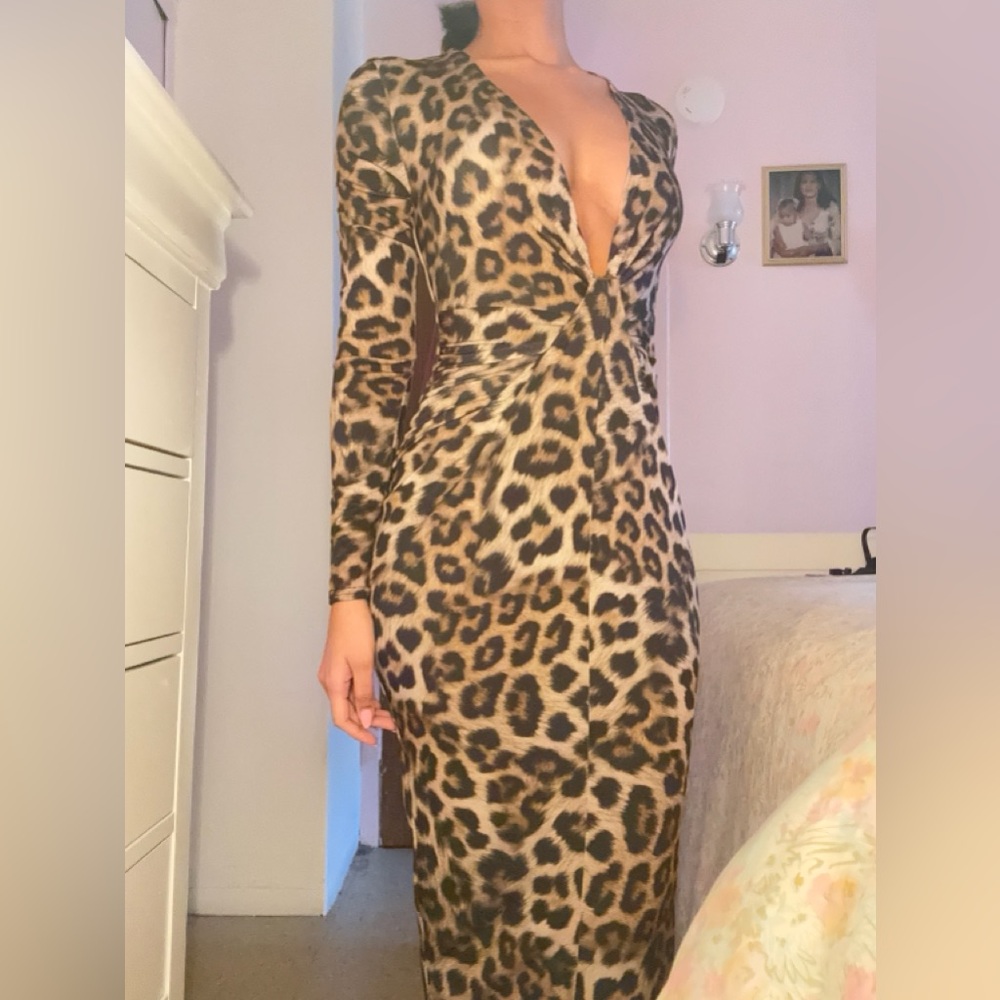 Club L London: Vernazza | Brown Animal Print Deep Plunge Midi Dress